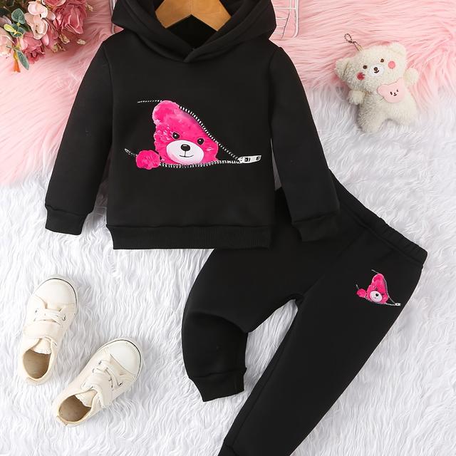 TEMU طقم شتوي للبنات قطعتين: سويت شيرت بقلنسوة ودفتر - تصميم لطيف بوجه دب وقلب، وردي ناعم، بلوفر مريح بياقة دائرية مع جيوب، مناسب للخروج