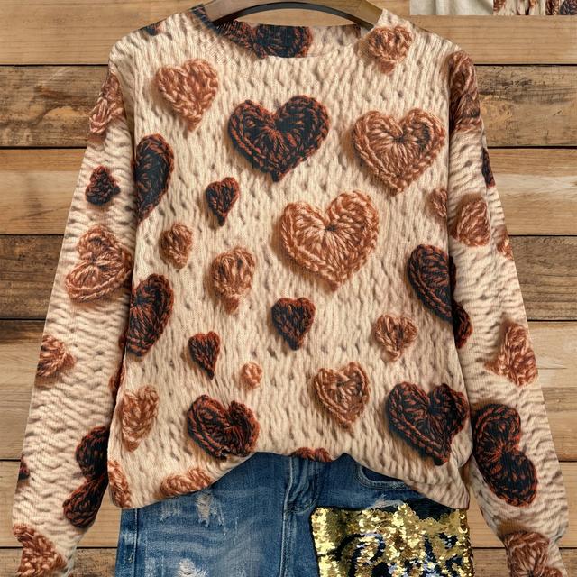 TEMU un pull léger avec un imprimé cœur intégral, conçu avec un col rond et des manches longues, parfait pour des looks décontractés et élégants pour femmes.