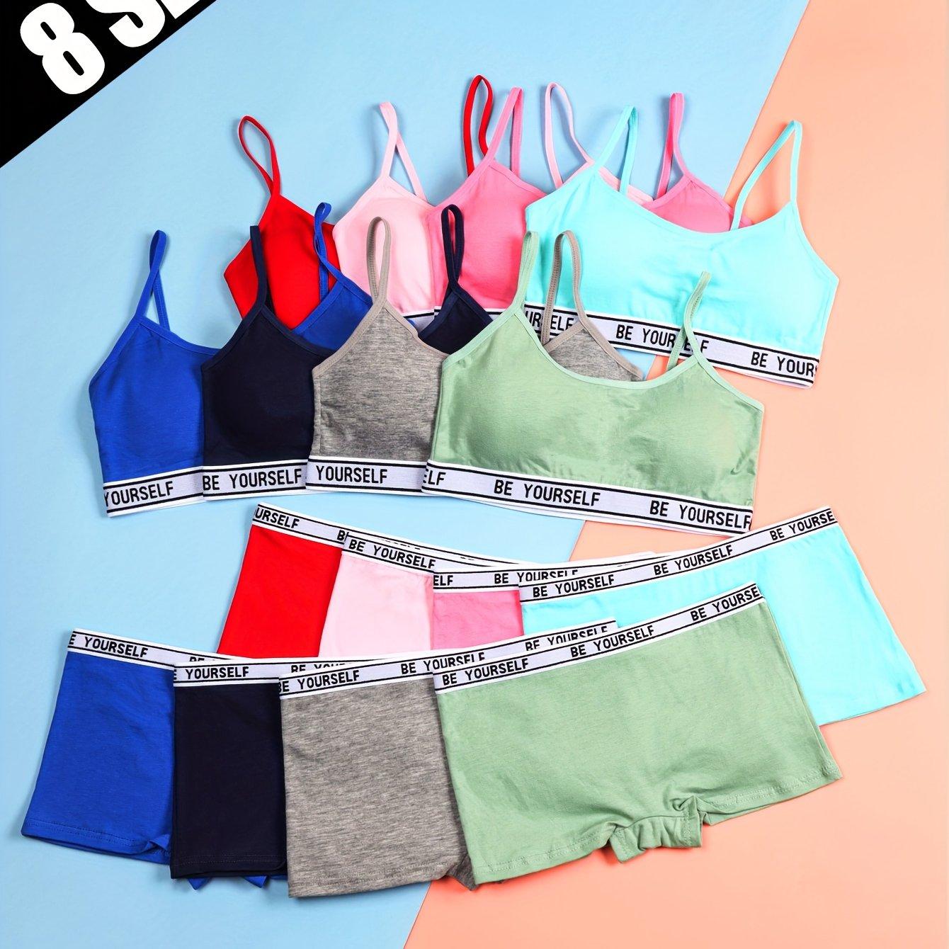 TEMU 8 Sets Of Mixed Camisole Bras And Shorts, Designed With Solid Color Letter Straps Saying , Stretchy And , Suitable For Girls' Underwear Sets Aged 10-14