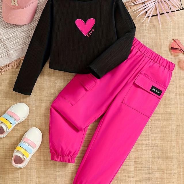 TEMU Conjunto de Moda e Outono para Meninas : Blusa de + Calças Soltas de Nove Peças, Tendência de Personalidade, Perfeito para o Exterior