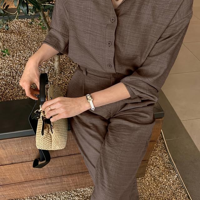 TEMU 2pcs Women's High-end Shirt And Casual Pants Set - Chic Brown Button-up Blouse With Pockets, Wide-leg Pants, Spring/summer/fall, Casual Attire|chic Outfit|buttonup Top