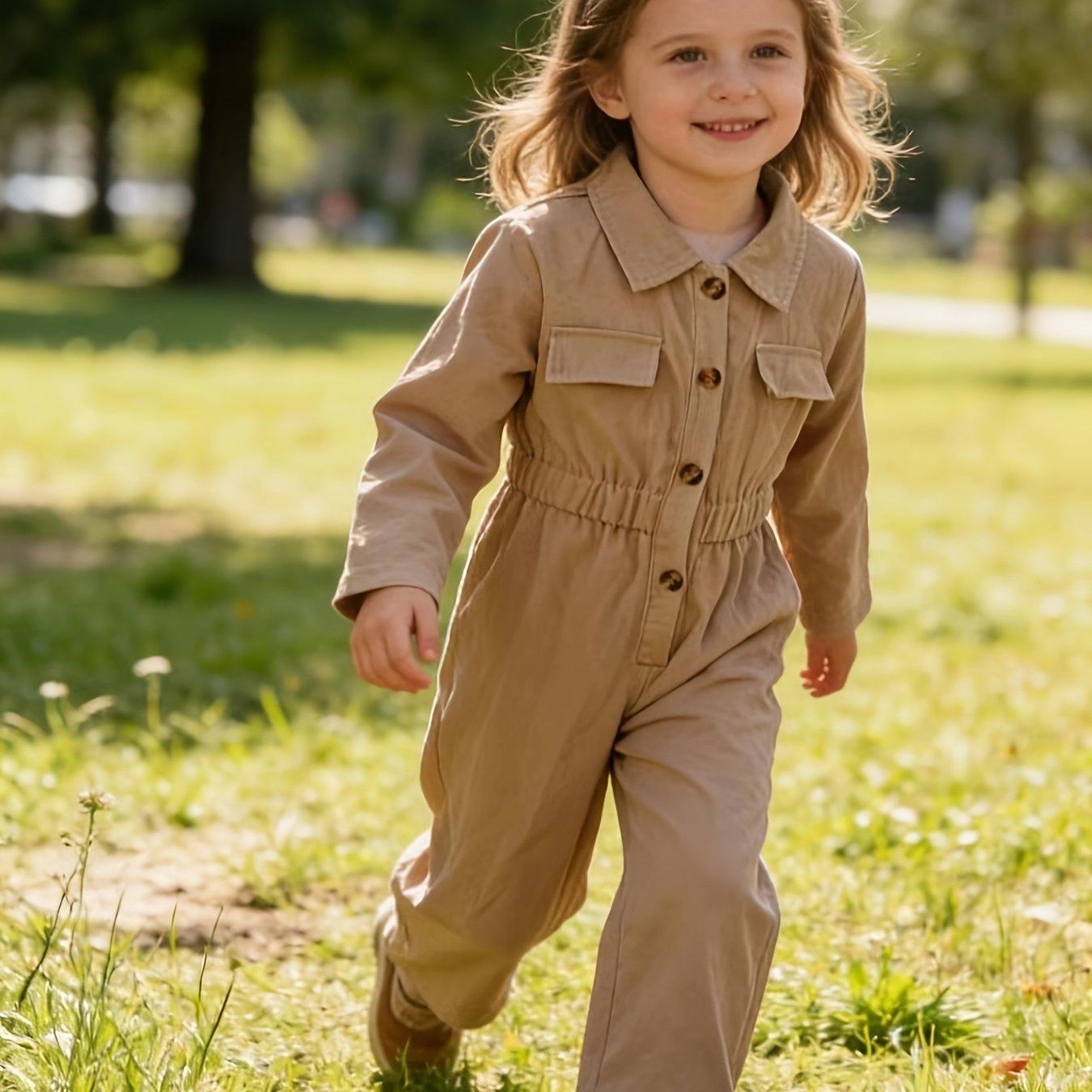 TEMU Spring/autumn Casual Cargo Jumpsuit For Kids, Turn- Collar Design, Front Button Closure For Easy Dressing, Waistband Design, Perfect For Outdoor Sports And Daily Wear, Perfect For Outdoor