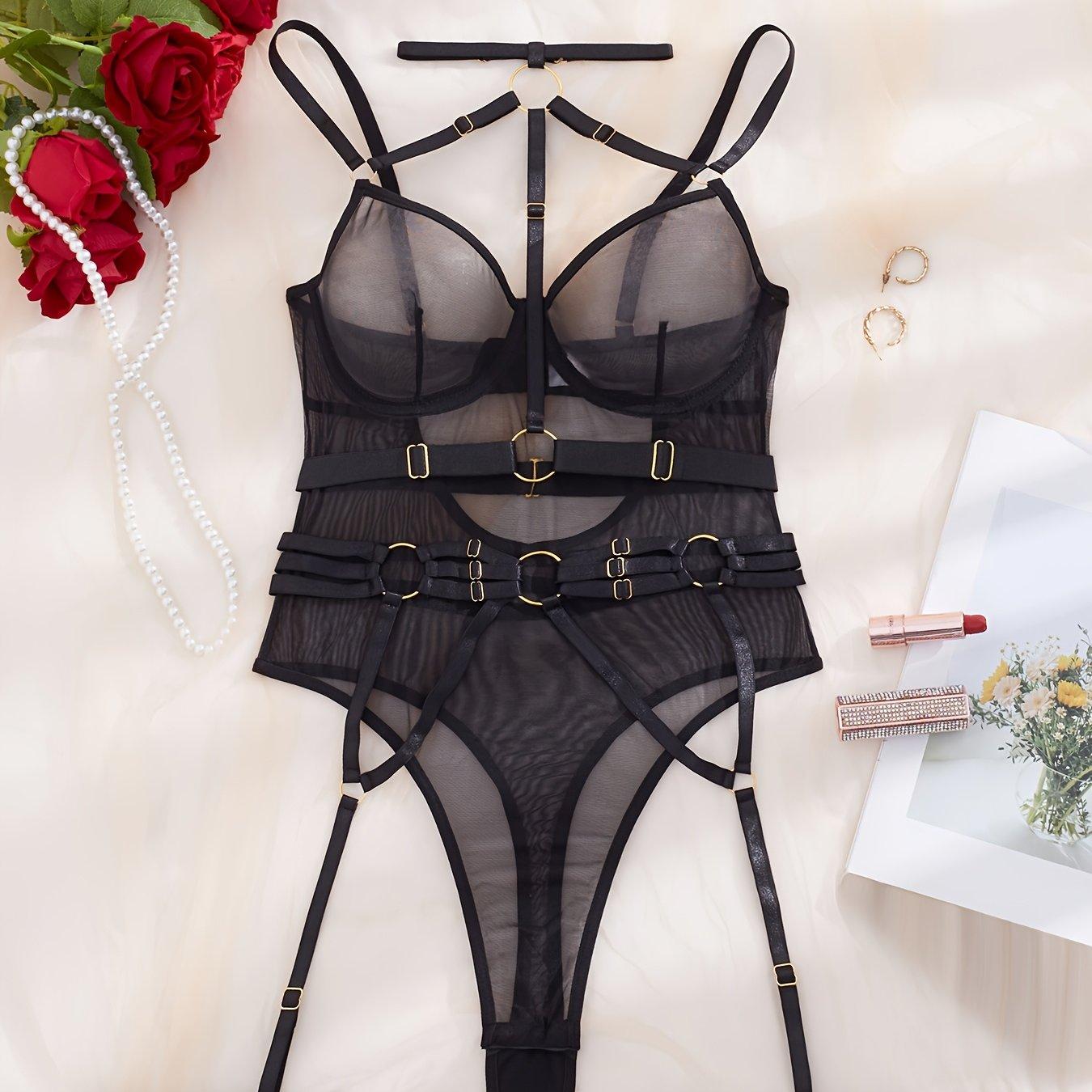 TEMU Body sexy de malla transparente con cinturón y anillos para piernas | Color liso, soporte medio, sin relleno