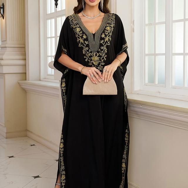 TEMU 1pc Edolynsa Women's V-neck Embroidered Kaftan - Elegant Viscose Long Dress With Batwing Sleeves, Tribal Pattern, Split Detail, Woven Pullover For Beach And Vacation Sun Protection