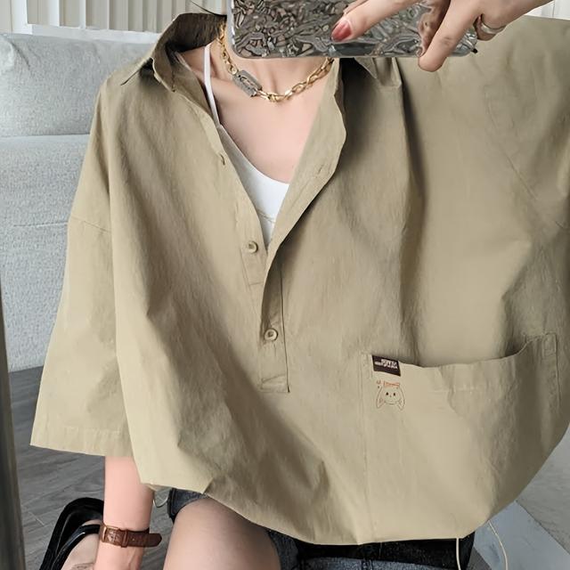 TEMU プラスサイズ レディース 半袖シャツ - ルーズフィット バットデザイン、両方向調節可能なドロー裾&プリーツチェストポケット付き、通気性生地、春/秋の通勤・日常着に適したカジュアルからオフィスまで多用途トップ、ボタンアップ、フロントオープニングシャツ