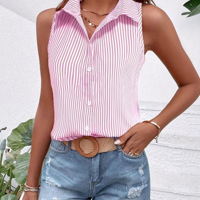 TEMU Elegant Women's Summer Casual Sleeveless Striped Office Shirt