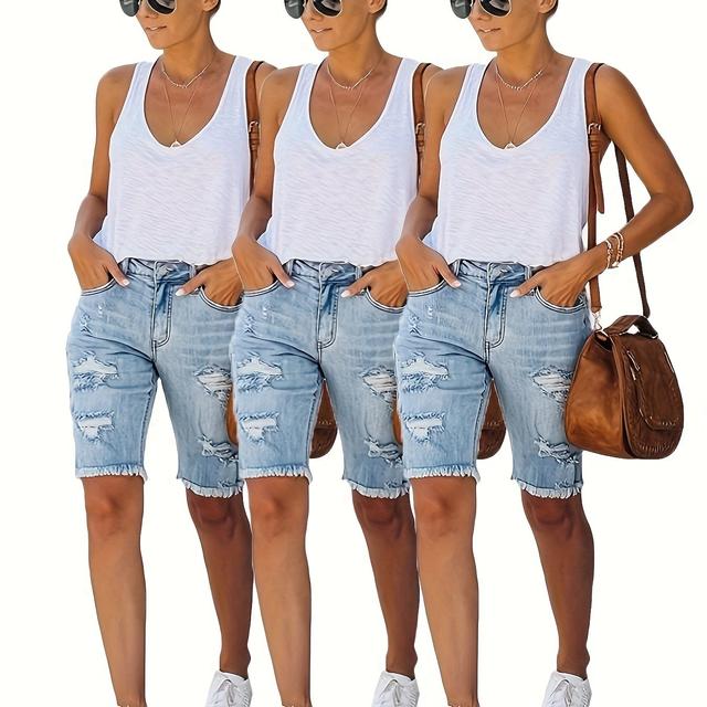 TEMU High-waisted Distressed Denim Shorts For Women, Featuring A Vintage Washed Look, Perfect For Casual Summer Wear.