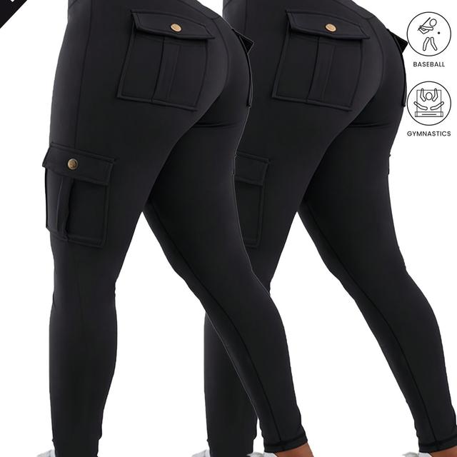 TEMU 2pcs Spring/summer Women's Plus Size High-waist Stretchy Breathable Multi-pocket Versatile Outdoor Sports Casual Cycling Yoga Solid Color Metal Denim Pants Set