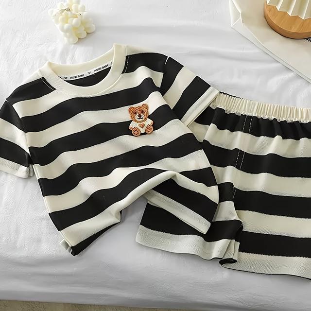 TEMU 2pcs Boys Fashion Black And White Striped Breathable Short Sleeve Round Neck Shirt With Cartoon Bear Patch & Shorts Set For Summer Daily & Outdoor Wear