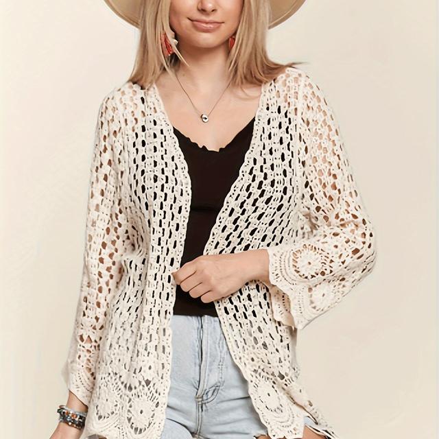 TEMU Women's Embroidered Open Front Long Sleeve Hollow Crochet Cover-up Sunscreen Jacket Bohemian Style Women's Clothing