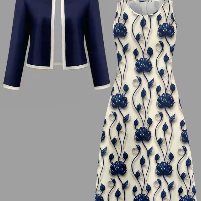 TEMU BK0819081 Conjunto de Vestido de Moda para Mujer - Cárdigan de Manga Larga con Patchwork Estiloso + Vestido sin Estampado