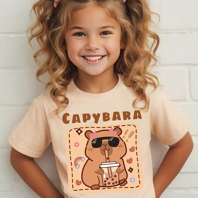 TEMU Girls' Summer Short Sleeve T-shirt - Capybara Cartoon Print With Fashion Glasses & Milk Tea, Vibrant Pink Casual Top, Nydx5497, Soft Stretchy Fabric, Round Neck, Casual Attire, Shirts For Girls