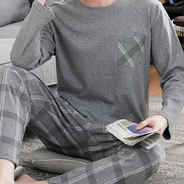 TEMU Men's Cozy Gray Long Sleeve Round Neck Top With Plaid Pants Pajama Set - Polyester, Machine Washable, Ideal For Home Or Outdoor Wear