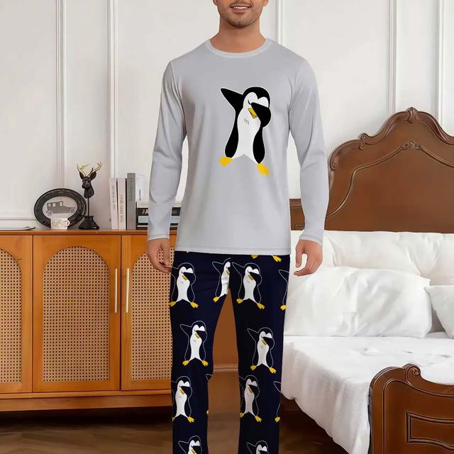 TEMU Conjunto de Pijama Casual para Hombre - Larga, Pantalones Largos, Cuello | Cómoda Ideal para Regalar, Tejido Ligeramente Elástico, Estampado de Aleatorio