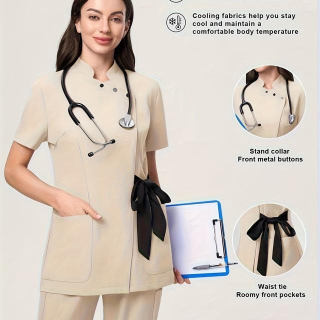 TEMU Stand Up Collar Long Contrasting Color Lace Up Women's Nursing Gown Top