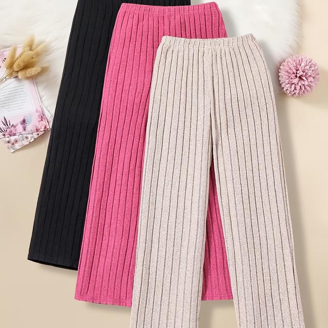 TEMU 3-pack Girls' Fashion Knit Wide Leg Pants, Polyester Stretch Fabric, Solid Color, Sports Style, Loose Fit For Spring/autumn - Black, Pink, , For Outdoor