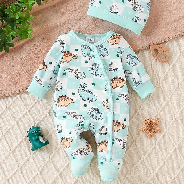 TEMU Spring And Autumn Children's Cute Dinosaur Cartoon Pattern Footed Romper + Hat Set, Comfortable Soft Fabric, Boys' Clothing, Suitable For Outdoor Activities, Outdoor