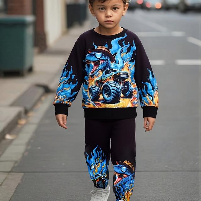 TEMU Set di due pezzi con camicia e pantaloni casual con motivo di e camion a fiamma per ragazzi, per l'uso all'