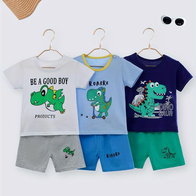 TEMU 3pcs Set For Boys, Short-sleeve And Shorts Outfit, Made Of Pure, Casual Multi-piece Set, For Outdoor