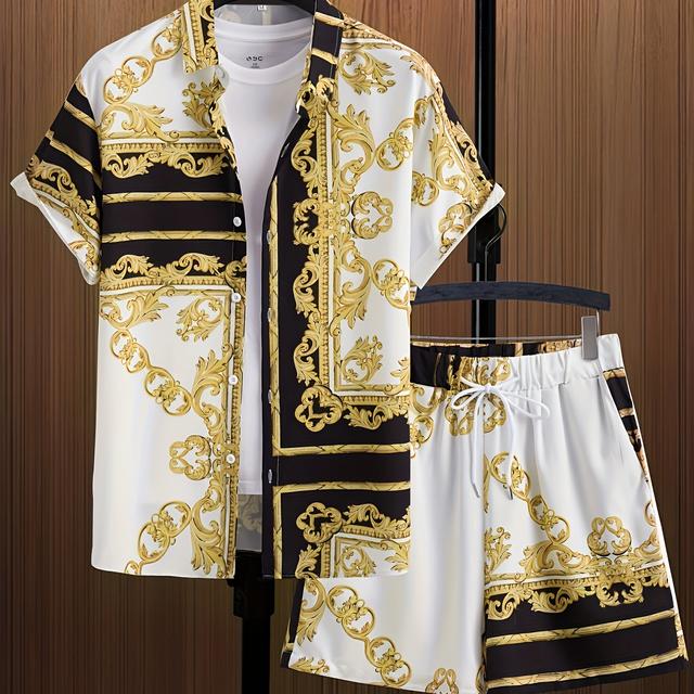 TEMU Men's Hawaiian Print Short Sleeve Shorts Shirt Two-piece