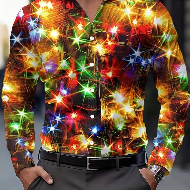 TEMU Herenshirt met Kerststijl, Kleurrijk Lichtpatroon Print, Lange Mouwen, Knoopsluiting, Lente Herfst Buiten