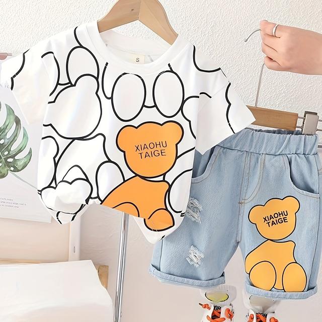 TEMU 2 Peças de Roupa Casual para Bebê Menino com Estampa de Cartoon, Camiseta e Shorts Jeans Rasgados, Ideal para Atividades ao Ar Livre