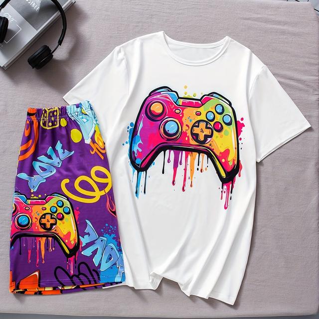 TEMU Two-piece Set For Boys And Teenagers With Cool Graffiti Game Console Print T-shirt Shorts Pajama Suit, Comfortable Soft Summer Outfit