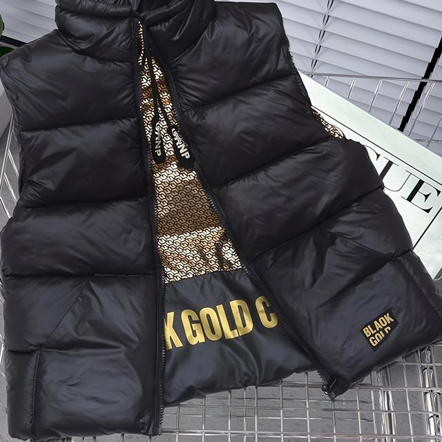 TEMU Kids' Black & Golden Vest - Cozy Fleece-lined Stand Collar , Zip-up Sleeveless Jacket For , Loose Fit Autumn Winter Casual Wear, Winter Clothing, Stylish Kids Wear, Durable Kids Wear, Thick