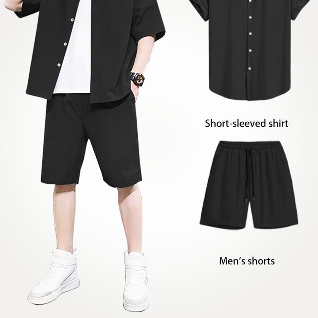 TEMU Summer Men's Fashion Casual Solid Color Short Sleeve Shirt And Shorts Set