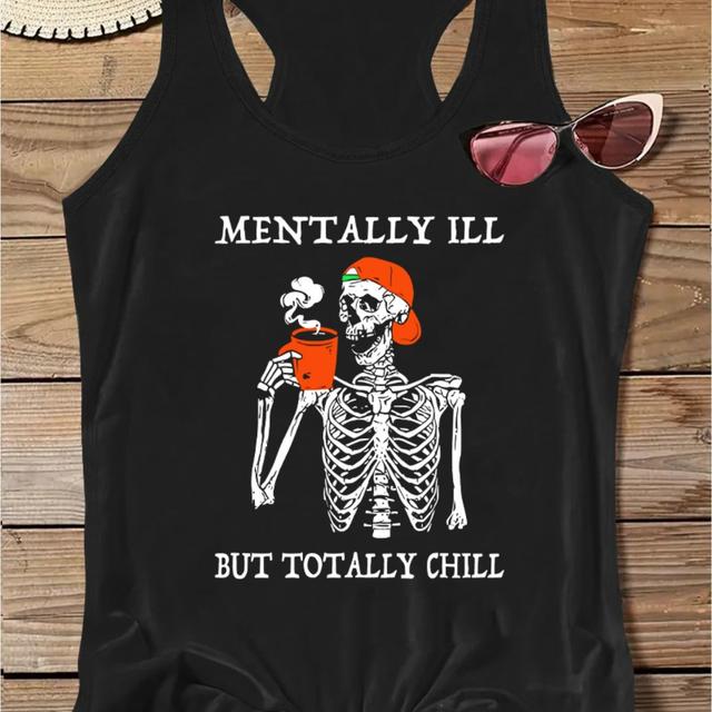 TEMU Skeleton & Letter Vest T-shirt, Round Neck Racer Back Fashion Sports Tank Top, Women's Activewear