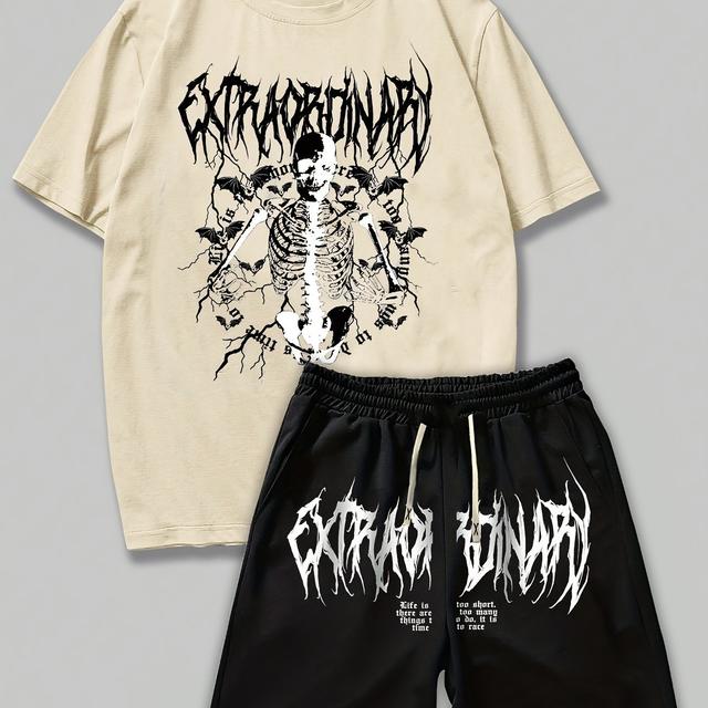 TEMU ชุดลำลองผู้ชาย ผลิตจากโพลีเอสเตอร์ผสม คอปกกลม เสื้อแขนสั้นพิมพ์ลาย กางเกงเอวยางยืด ทรง Regular Fit เนื้อผ้าถัก