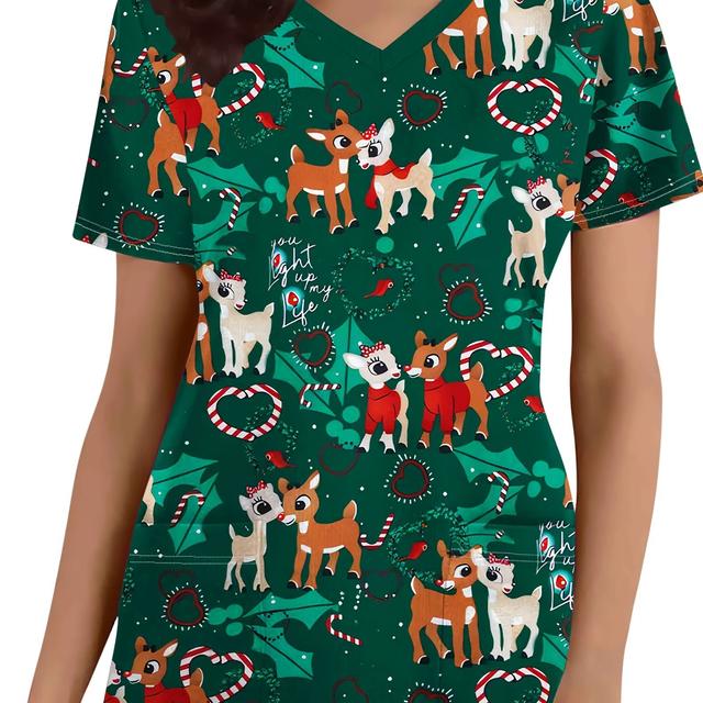TEMU Women's Festive Christmas Reindeer V-neck T-shirt - Short Sleeve, Polyester Nurse Uniform With Pockets, Gift, , Conventional Version, All//all