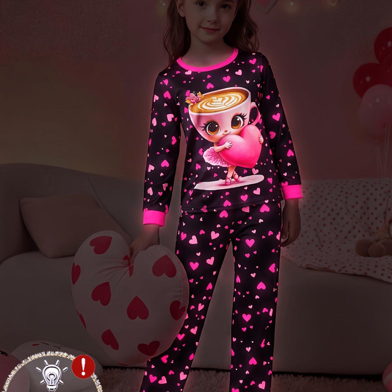 TEMU A Set Of Girls' Fluorescent Cappuccino-colored Long-sleeve Pajamas With A Hand-held , Featuring Tied Sleeves And Legs, Plus Matching Long Pants. This Product Only Under Ultraviolet Light .