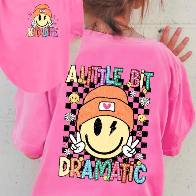 TEMU Girls "a Dramatic" Print Double-side Print 100% Cotton Short Sleeve T-shirt, Comfy Casual Tees For Girls Summer