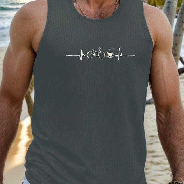 TEMU เสื้อกั๊กไร้แขนไซส์ใหญ่สำหรับผู้ชาย - ลายเรขาคณิตเส้นหัวใจเต้นจังหวะจักรยาน, เสื้อกั๊กสบายๆ สีดำสำหรับฤดูร้อน, ผ้าสบายๆ ซักเครื่องได้, เหมาะสำหรับใส่ไปทะเล, ดีไซน์ระบายอากาศได้ดี, ไซส์ใหญ่