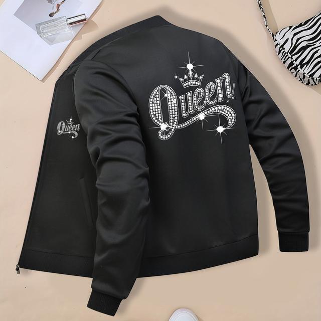 TEMU Women's Casual - Light Green "queen" Print, Zip-up Long Sleeve With Pockets, Baseball Collar, Wear, Casual Outerwear | Trendy | Zippered Jacket