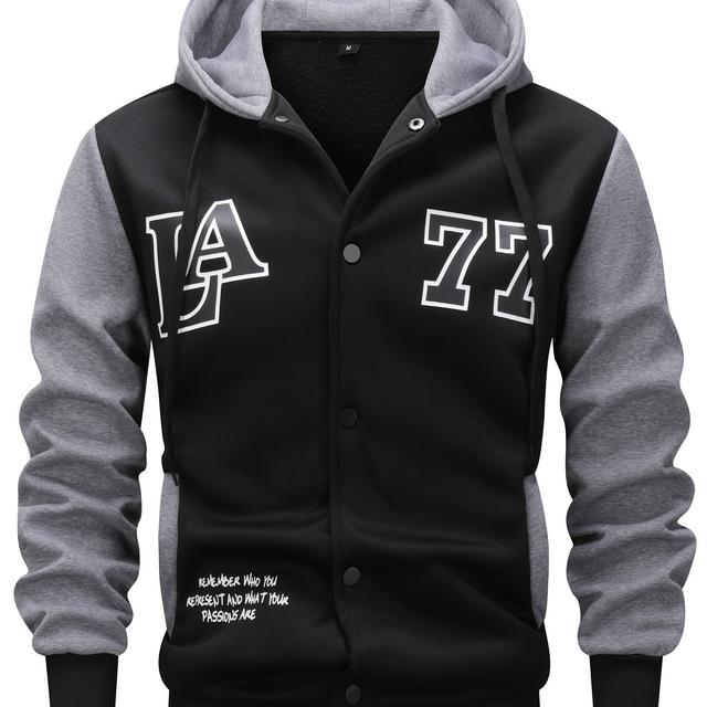 TEMU Men's Color Blocking Letters Pattern Hooded Baseball Jacket, Casual Stylish Outdoor Coat