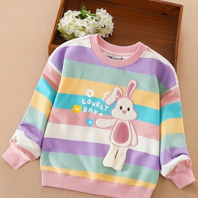 TEMU Mädchen Langarmshirt mit Rundhalsausschnitt und süßem gesticktem Hasen, ein neues Herbst-Outfit für Mädchen, gestreiftes Sweatshirt für Kleinkinder, stylischer Basishemd für den Frühling