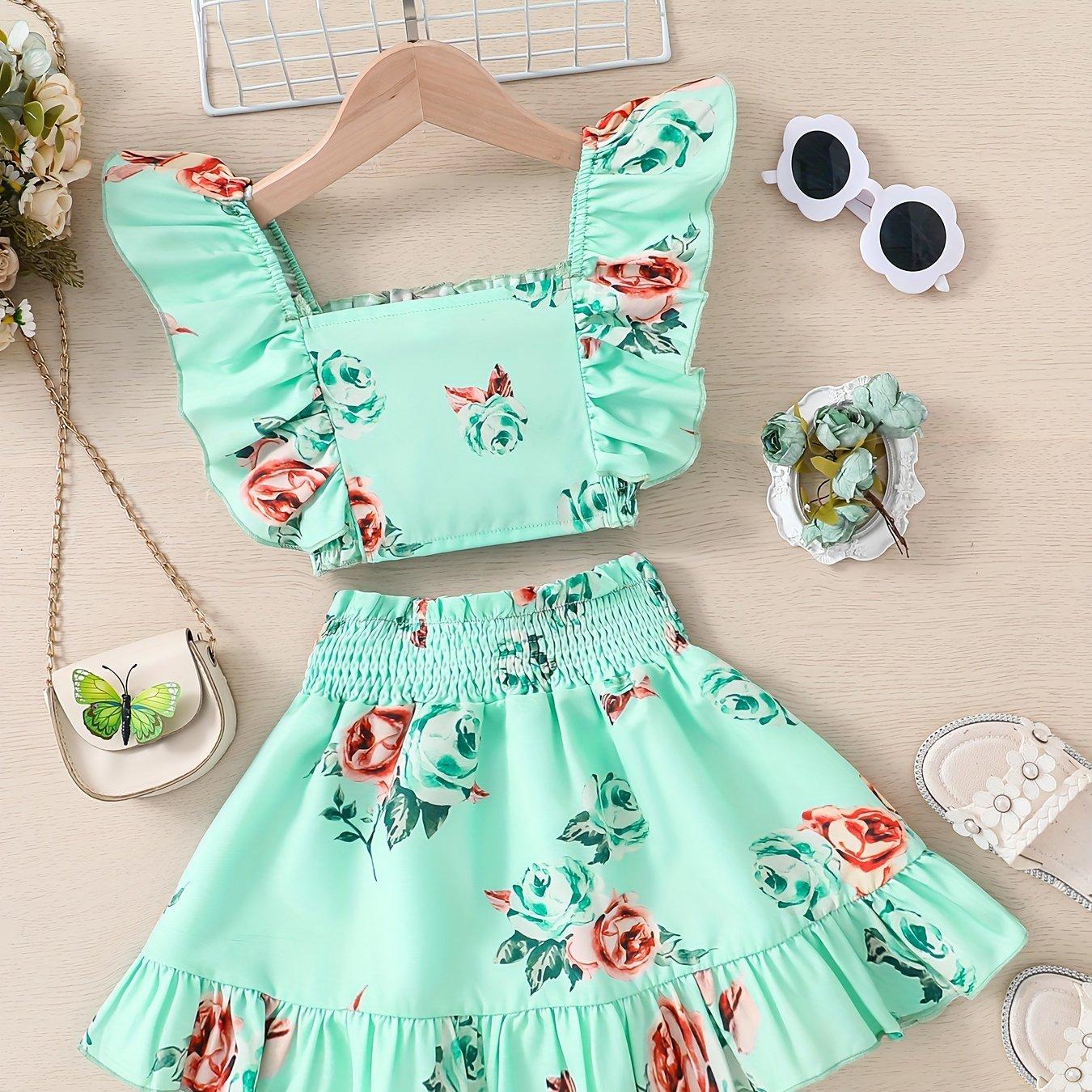 TEMU Sleeveless Square-neck Floral Ruffle Top With Gathered Waist Skirt 2pcs Set For Girls, Summer Fashion