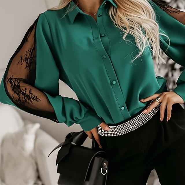 TEMU Elegante Plus-Size Damenbluse mit Spitzenbesatz - Vielseitiges Langarmhemd mit Knopfleiste für Arbeit & Freizeit