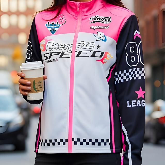 TEMU Chaqueta de moto para mujer, estilo Y, con estampado de letras, de moda casual para otoño/invierno, con cuello pequeño y corta