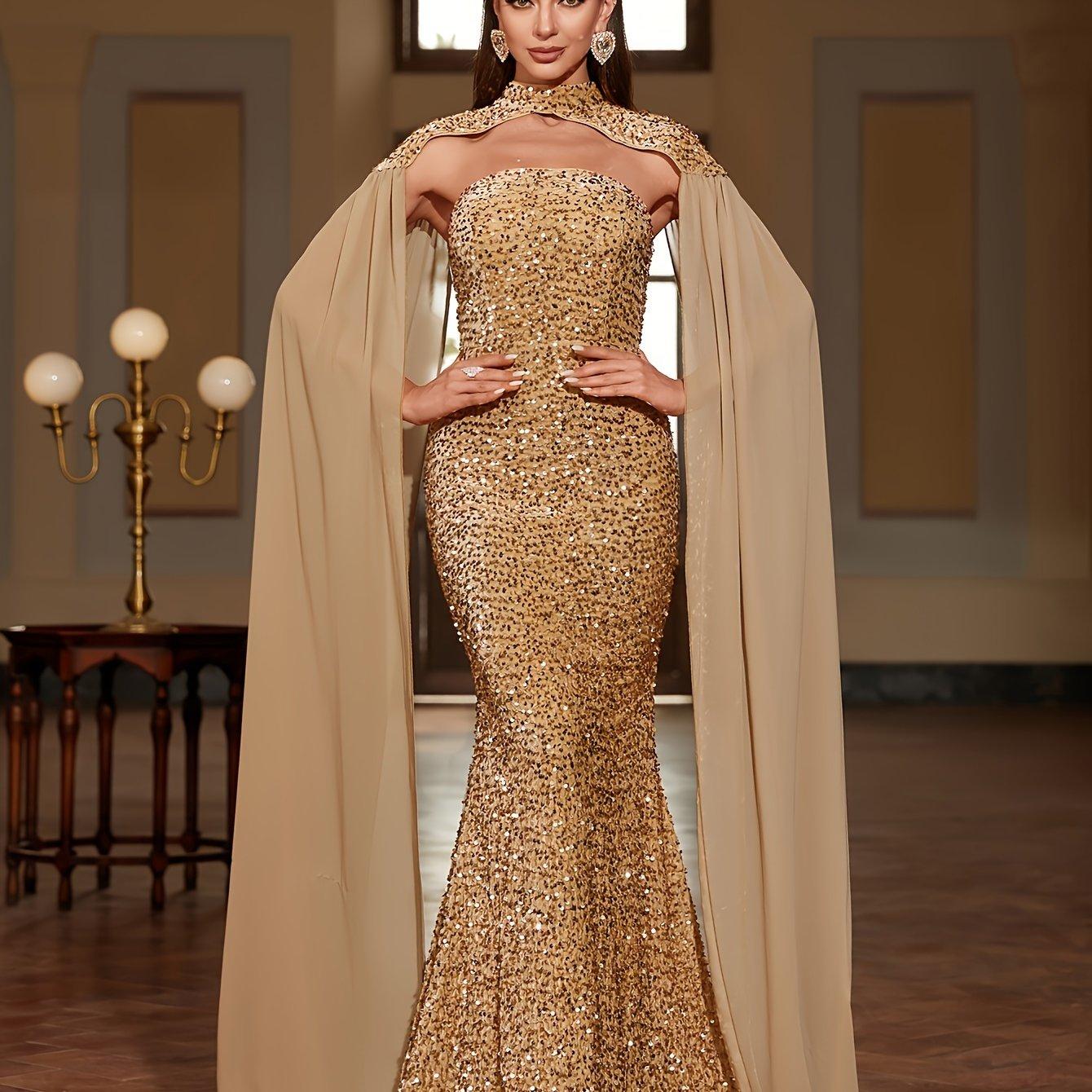 TEMU Funkelndes Schlauchkleid mit Pailletten, elegantes trägerloses, bodenlanges Kleid mit Meerjungfrauen-Saum und Umhangärmeln für Partys und , Damenbekleidung