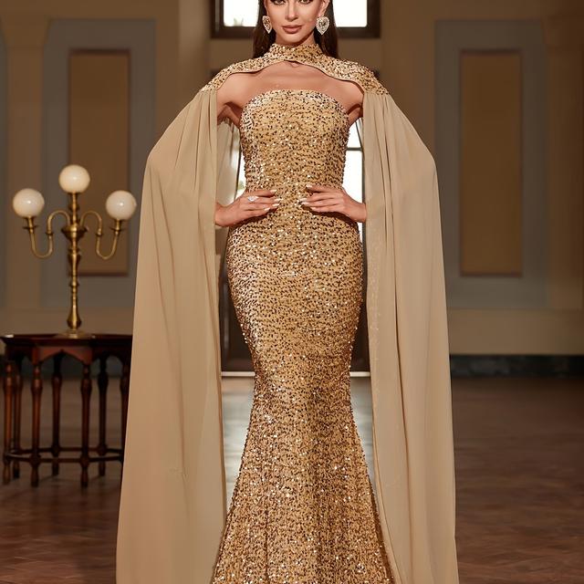 TEMU Funkelndes Schlauchkleid mit Pailletten, elegantes trägerloses, bodenlanges Kleid mit Meerjungfrauen-Saum und Umhangärmeln für Partys und , Damenbekleidung