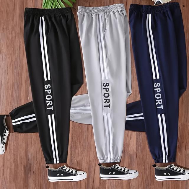 TEMU 3pcs Boys' Casual Quick- Pants, Stylish Striped Lightweight Breathable Comfortable Long Trousers, Suitable For Running And Daily Outdoor Activities, Accessories Not Included, Perfect For Outdoor