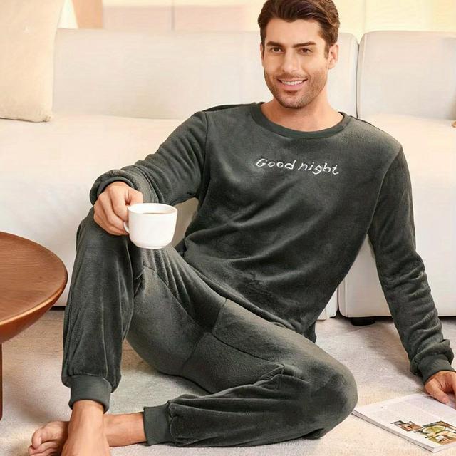 TEMU Heren Winter Warme Dubbelzijdige Kleur Letter Borduurwerk Ronde Hals Lange Mouw Top En Lange Broek Loungewear Set van 2 stuks