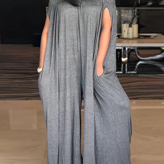 TEMU Women's Plus Size Elastic Strapless Bandeau Jumpsuit, Polyester 95% Elastane 5% Knit Fabric, Long Length With Pockets, Medium Stretch, For Spring/summer - No Belt