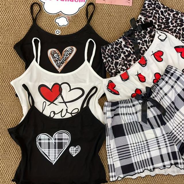 TEMU Conjunto casual elegante de pijama con estampado de corazones de dibujos animados y para adolescentes, para adolescentes, para adolescentes (1 juego aleatorio)
