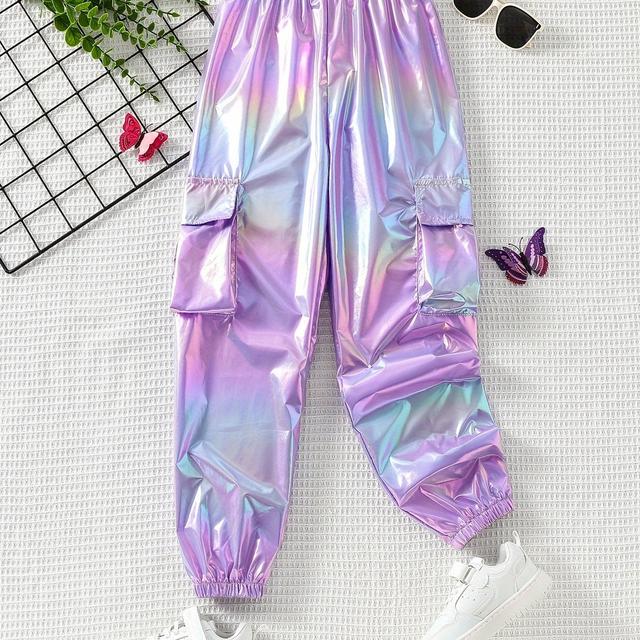 TEMU Girls Stylish & Cool Holographic Flap Pocket Jogger Pants For Spring & Fall, Perfect For Outdoor