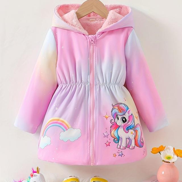 TEMU Girls' Rainbow Unicorn Print Hooded Winter Jacket - Cozy Fleece Lined, Long Sleeve Casual Coat With Star & Rainbow Design, Fall/winter, Unicorn Stuff For Girls