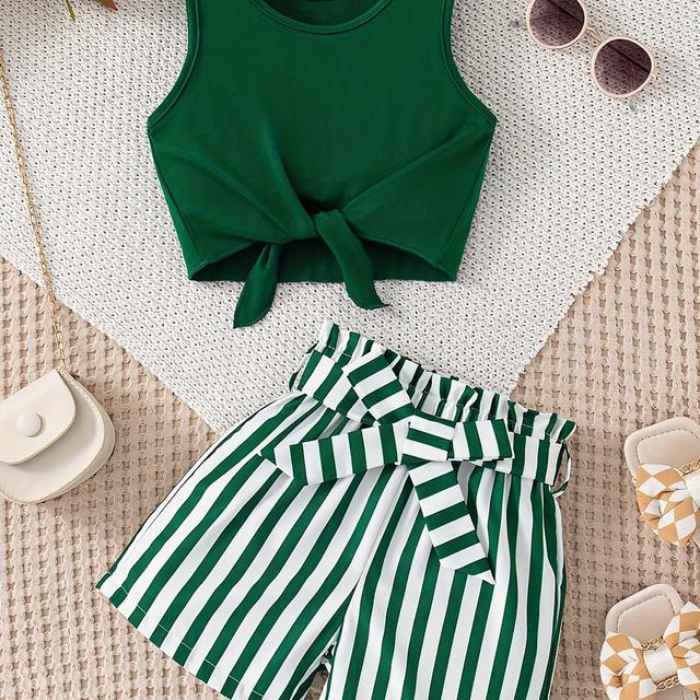 TEMU Summer Daily Casual Outing Solid Color Sleeveless Knotted And Print Striped Pattern Shorts Two-piece Set Shorts Set With Belt, For Outdoor